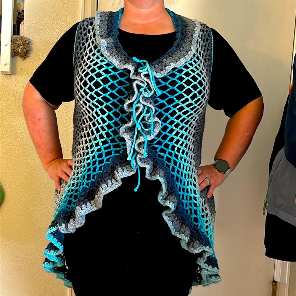 Multiple Blue Shaded Handmade Crocheted Mandala Sweater Vest
